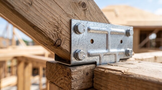 Metal truss connector bracket securing wooden beam in construction
