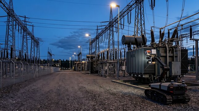 Tracked inspection robot with camera arm examining a large outdoor electrical transformer at a high-voltage power substation under twilight sky with floodlights illuminating the yard.