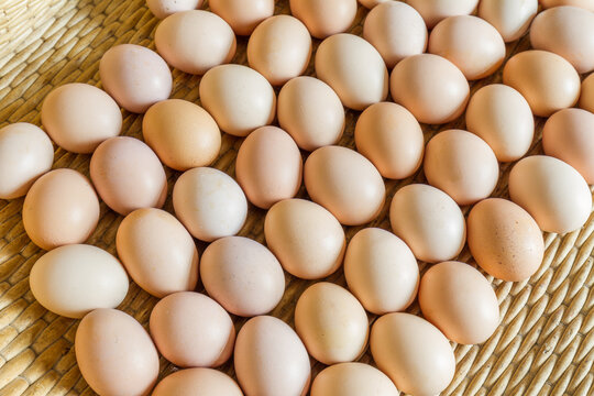 A collection of fresh, raw chicken eggs with light brown shells arranged on a woven straw mat, ready for use or storage.