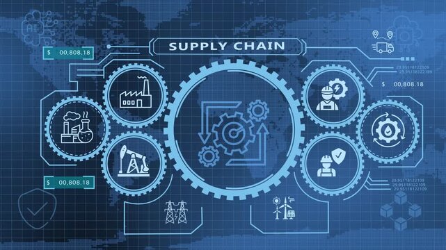 Supply chain technology with connected logistics icons for inventory, sourcing and distribution.