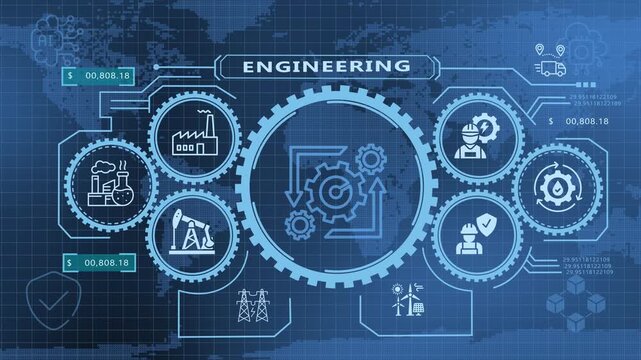 Animated HUD gear interface loop with technical icons for engineering concept.