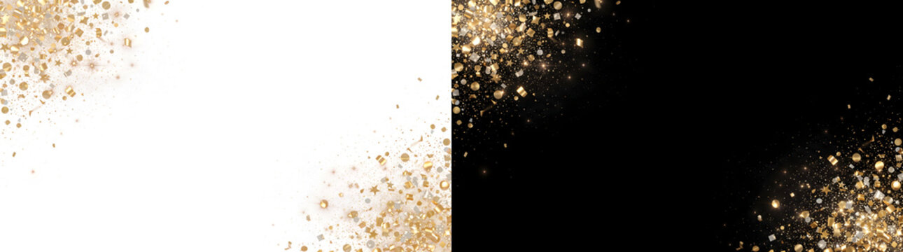 Confetti of gold and silver pieces scattered in top and bottom corners for festive PNG, Transparent and Black Background Versions