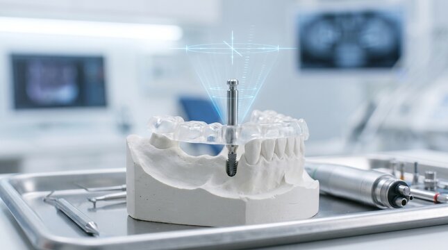 Dental implant model on a tray with surgical tools in a clinic