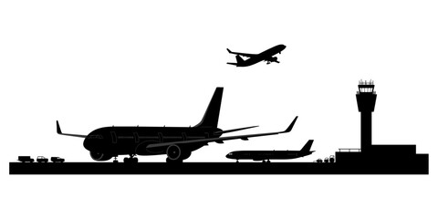 A black and white silhouette of an airport scene with airplanes on the runway, a control tower, and a plane taking off into the sky © MdAsaduzzman