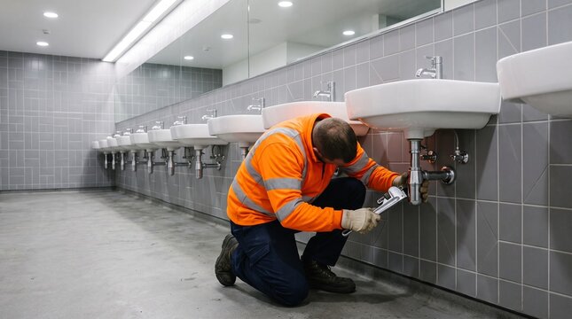 Professional plumber fixing sink plumbing in a commercial restroom