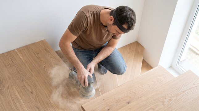 Construction worker carefully sanding and refinishing natural wooden stairs during home improvement project