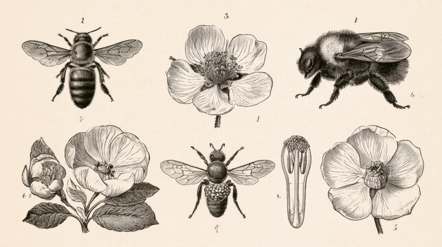 This collection showcases hand drawn engravings of bees and flowers, highlighting pollination and bee anatomy in Victorian style.