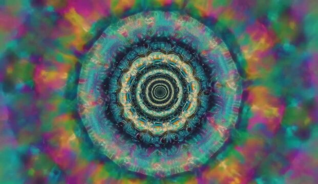 Abstract kaleidoscope motion background featuring an intricate sequence of multicolored fractal patterns continuously transforming into new symmetrical geometric formations