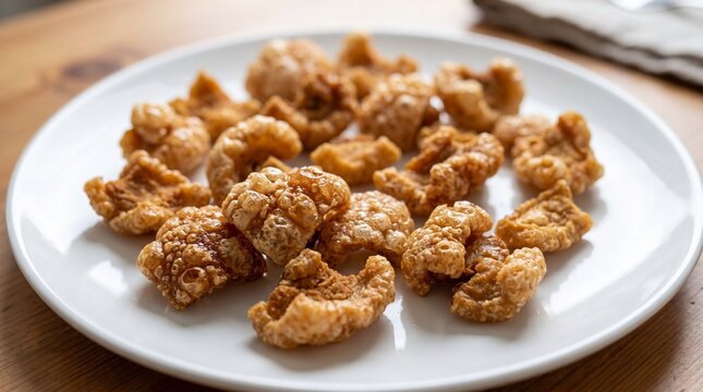 Crispy golden pork rinds chicharron served on a white plate on wooden table