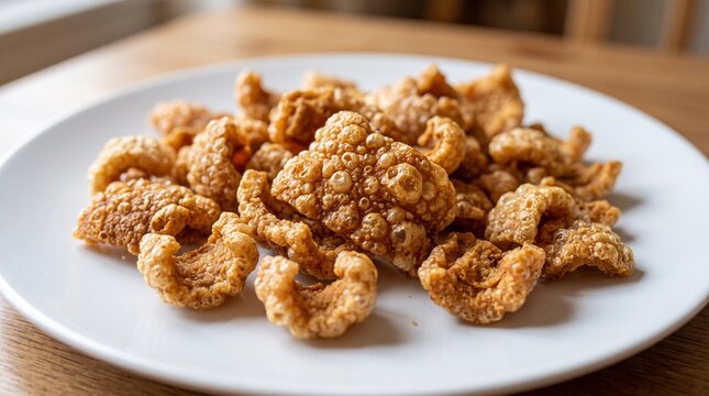 Crispy fried pork rinds on plate as a savory keto friendly appetizer snack