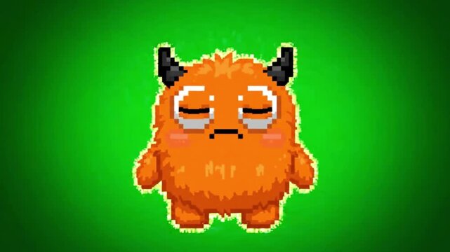Pixel Art Orange Sad Monster On Green Screen. 4K Video