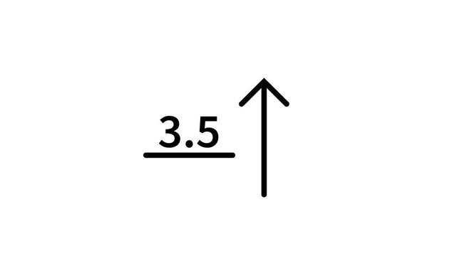 Animated sketch of mathematical decimal number three point five with rising arrow white background