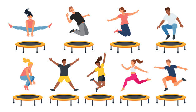 Happy active people jumping on mini fitness trampolines performing aerobic exercises and acrobatic flips flat cartoon character vector