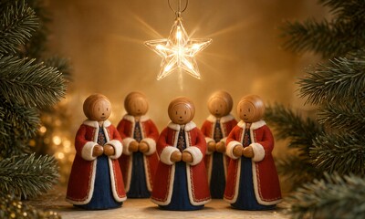 Obraz premium Wooden figurines gather beneath a glowing star, framed by pine branches.
