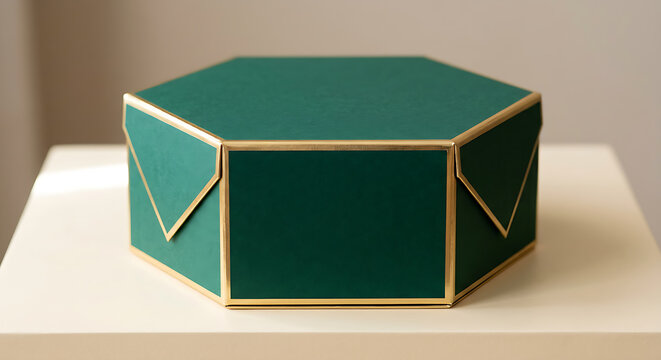 Unbranded rigid hexagonal fold-out gift box mockup featuring a rich green finish with gold trim resting on a clean surface