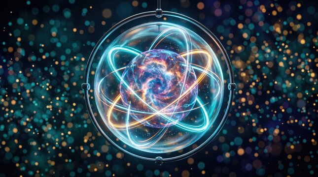 Quantum physics and atomic structure illustration. Glowing orbital rings surrounding a central core sphere with nebula texture. Cyan and orange energy beams against dark starry background bokeh