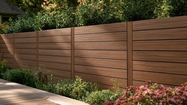 Wooden fence panel in warm teak tone stands in a garden setting with green plants behind it under bright midday light.