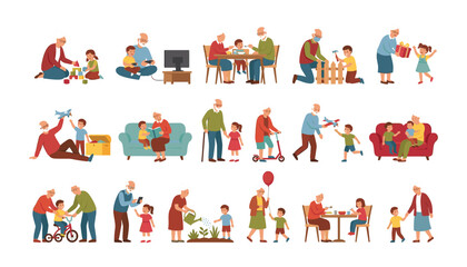 Fototapeta premium Happy grandparents and grandchildren characters set playing reading gardening eating and spending time together vector flat illustration