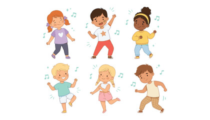 Fototapeta premium PrintHappy multiethnic children dancing and listening to music together isolated flat vector illustration collection set on white background
