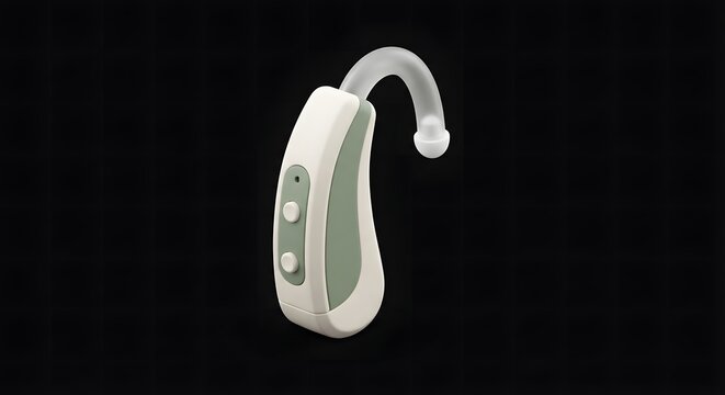 Modern Behind The Ear Hearing Aid Device Isolated On Black Background For Medical Healthcare Support