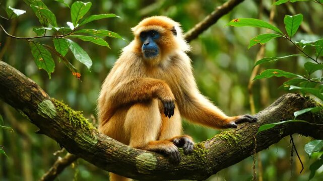 Close-up of a golden snub-nosed monkey sitting on a branch, close-up of a golden snub-nosed monkey in a tree