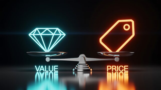 Digital value and price comparison concept with diamond and price tag symbols