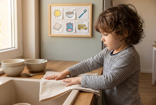 Child Cleaning Breakfast Table Independently at Home