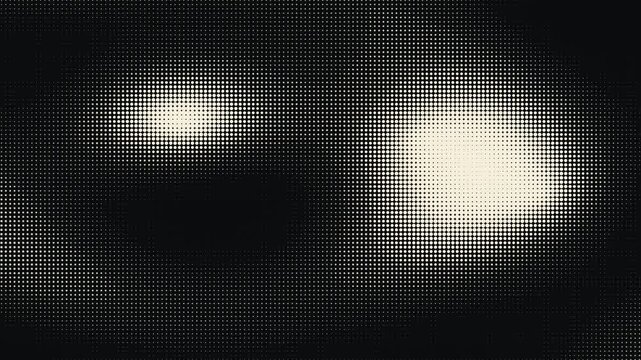 Halftone Light Orbs Drifting and Morphing Across Monochrome Dot Grid Raster Screen for Retro Cyberpunk Display Background