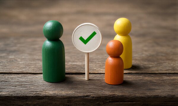 Three colorful wooden figures gather around a green checkmark sign on wood.