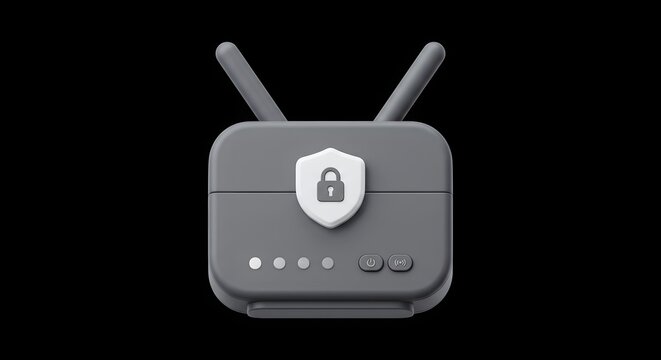 Minimalist 3D Wireless Router With Security Shield Icon Isolated On Dark Background