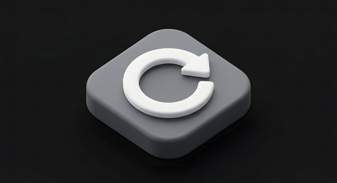 3D Render Of White Refresh Arrow Symbol On A Grey Rounded Square Button Isolated On Black Background