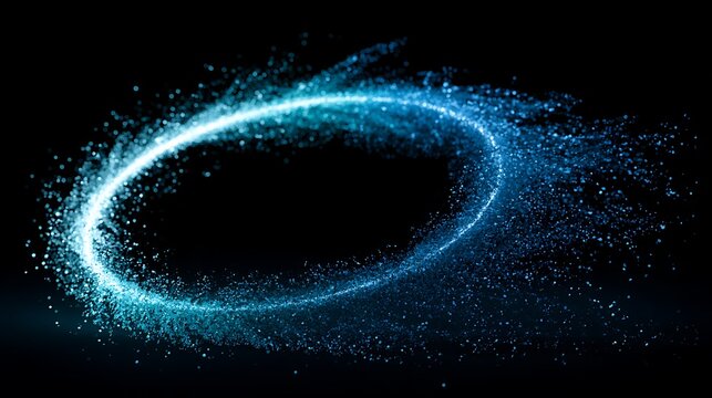 abstract broken luminous ring with one side bursting into streams of tiny blue and turquoise particles