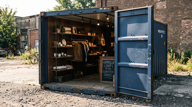 Urban pop up shop inside a blue shipping container