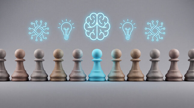 A blue chess pawn standing out among brown pieces with glowing neon icons of brains, circuit boards, and lightbulbs, symbolizing innovation and unique strategy.