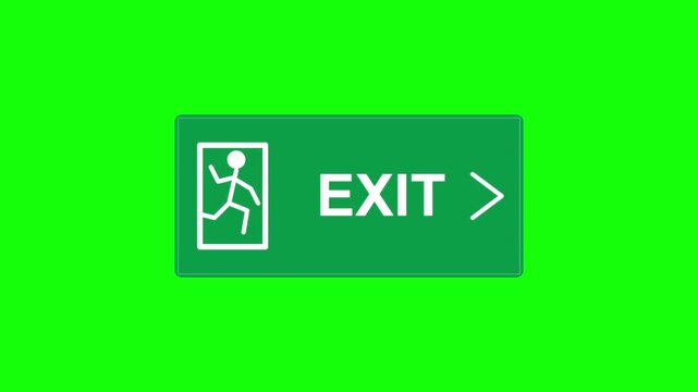Green Exit Sign With Running Figure And Arrow Animation On Chroma Key.