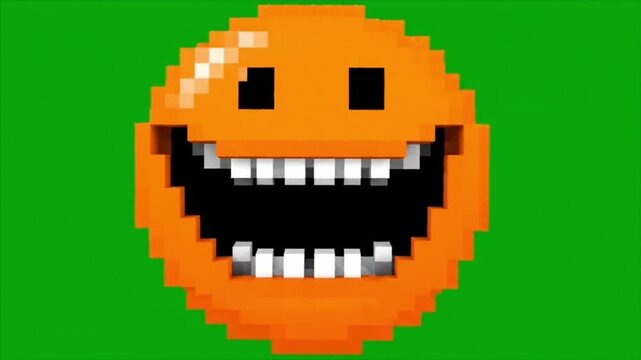 Pixel Art Laughing Orange Face On Green Screen. 4K Video