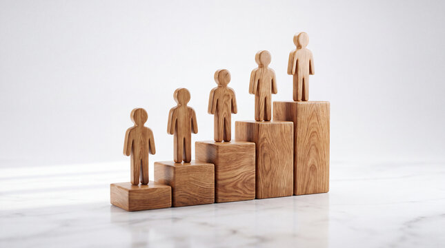 Wooden human figures arranged in a step formation on blocks, symbolizing professional development, corporate hierarchy, personal growth, and leadership success.
