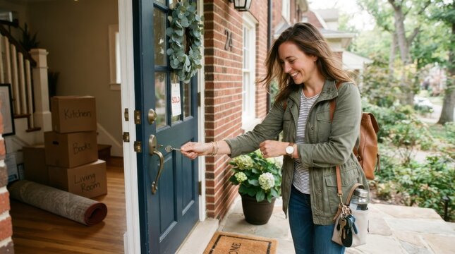 Happy woman unlocking front door of new home with moving boxes inside