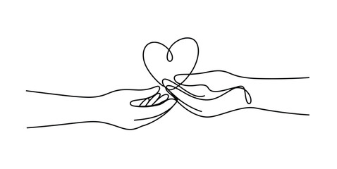 Continuous line drawing of two hands holding a heart shape representing love care support and kindness © JACI ART