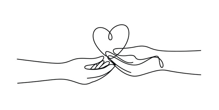 Continuous line drawing of two hands holding a heart shape representing love care support and kindness