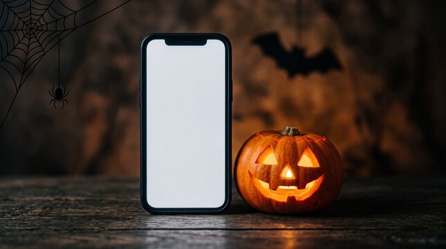 Blank Smartphone Screen Mockup Beside Glowing Halloween Jack-O-Lantern Pumpkin for Spooky Season App Campaign
