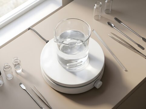 Laboratory Magnetic Stirrer with Glass Beaker and Liquid