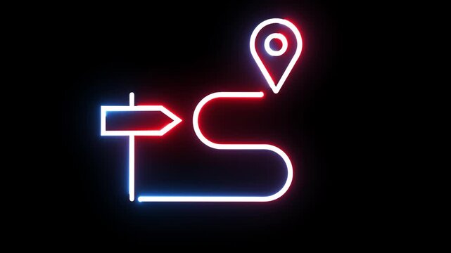 Neon route map icon with glowing path and location pointer blinking on black background