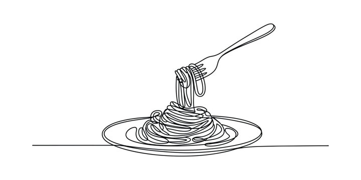 Continuous single line drawing of spaghetti pasta on a round plate with a metal fork holding a portion