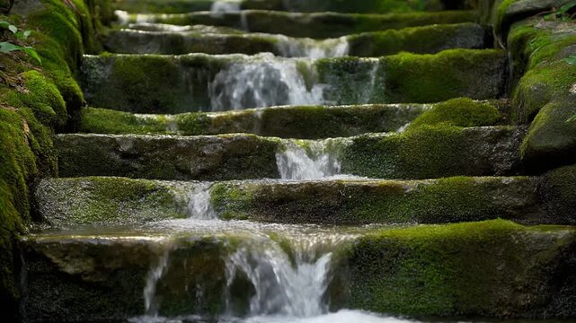 苔の階段を流れ落ちる水 シームレスループ動画背景 16:9 4K