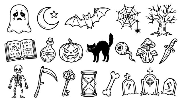 Halloween icons set with ghost bat spiderweb cat skeleton and magic items, black and white
