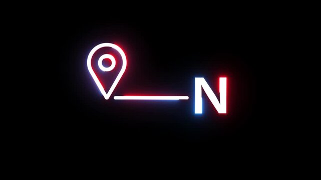Neon location pin connected to N letter symbol with moving light track on black background