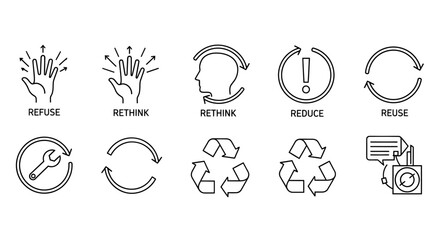 Obraz premium Set of environmental sustainability icons illustrating refuse, rethink, reduce, reuse, and recycle concepts.