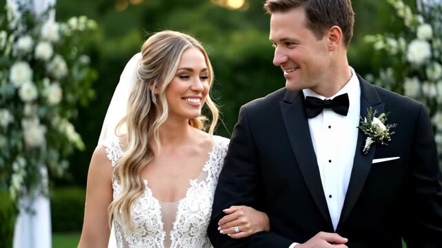 The bride and groom are intimate at the wedding, and the newlyweds are outdoors in romance