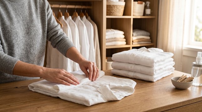 A person&rsquo;s hands neatly folding a stack of white linen shirts, soft morning sunlight, neutral color palette, concept of wardrobe organization.